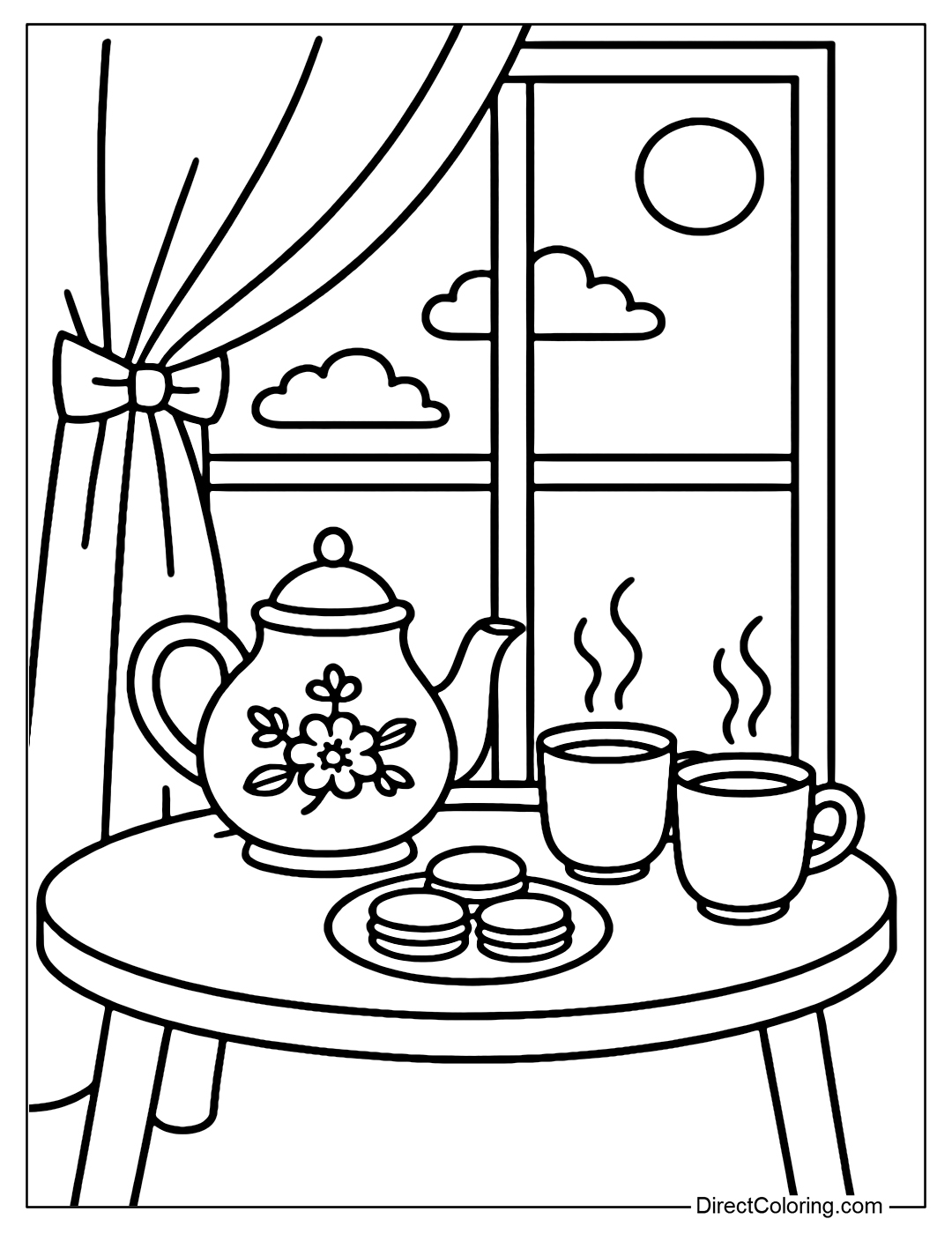 Coloring Page A tea table by a large window with a bow-tied curtain, on the table is a vintage patterned teapot, two steaming teacups and a plate of macarons.
