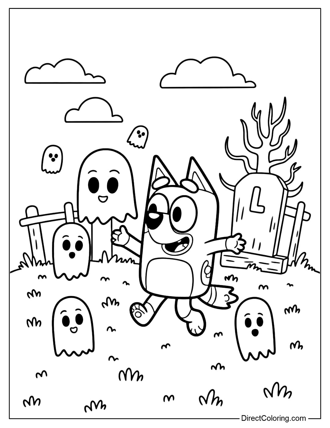 Bluey coloring page playing with cute little ghosts in the Halloween cemetery.