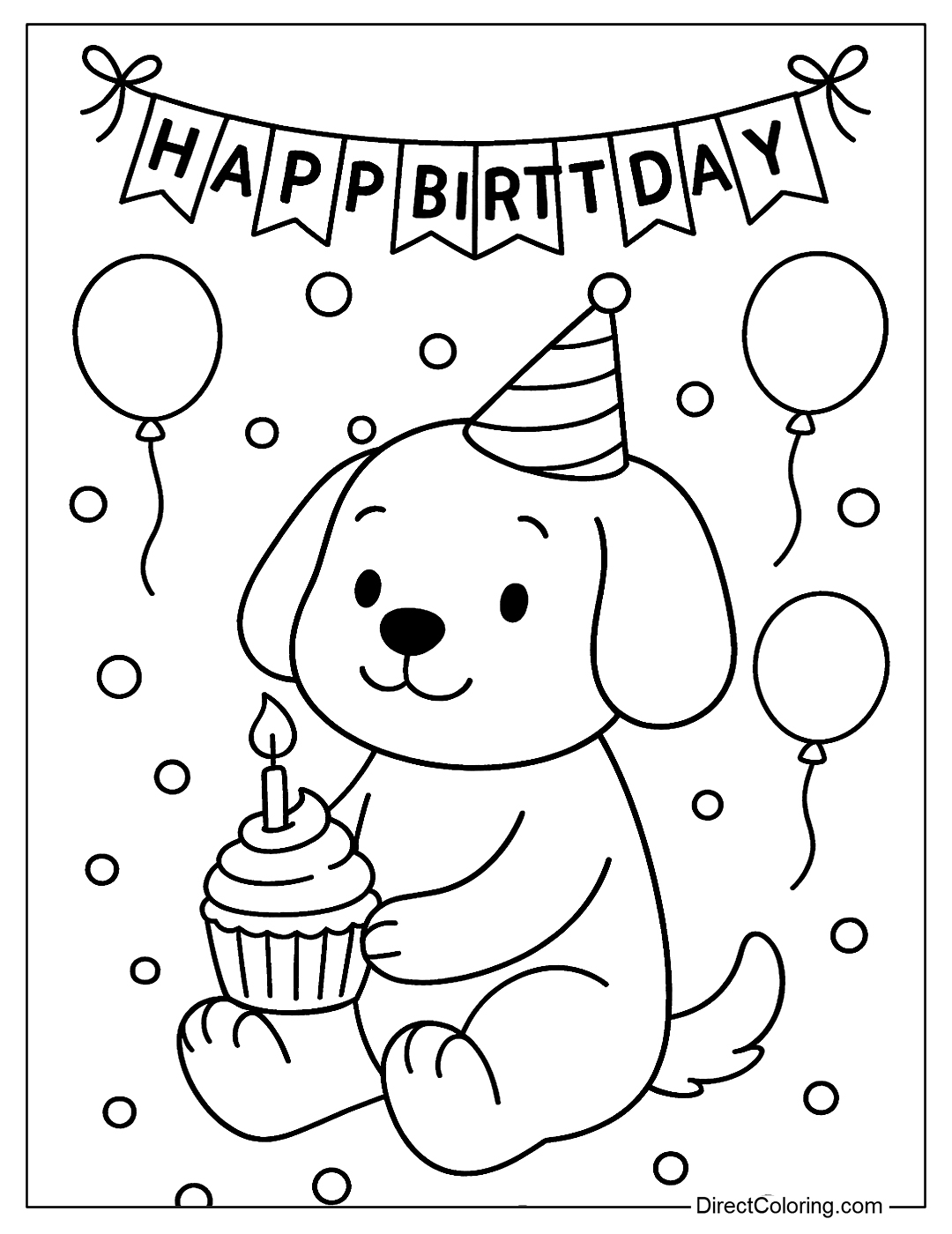 Happy Birthday Dog with Cupcake Coloring Page