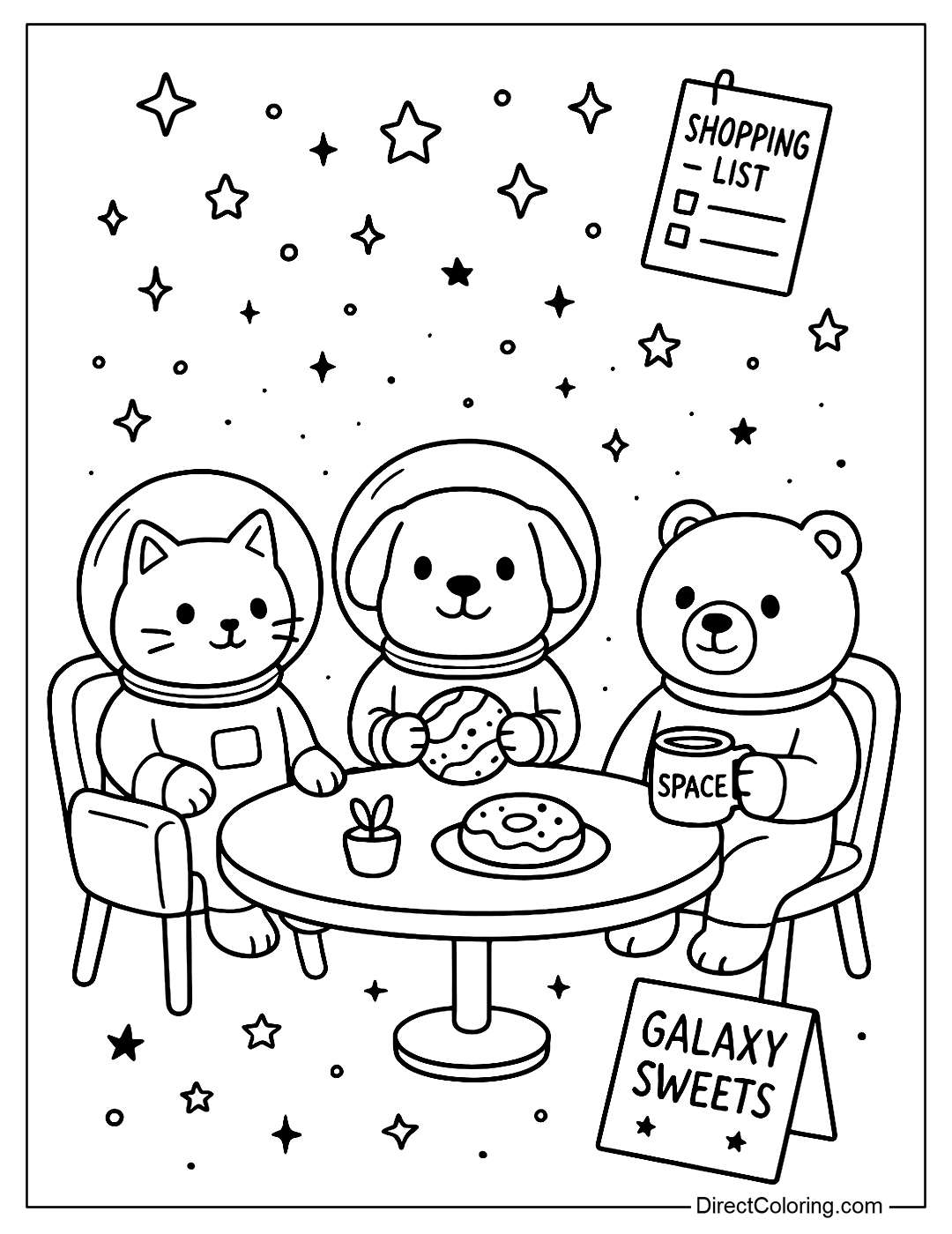Animals such as cats, dogs, and bears wearing space suits, sitting in a space cafe with a window overlooking the planets coloring sheet