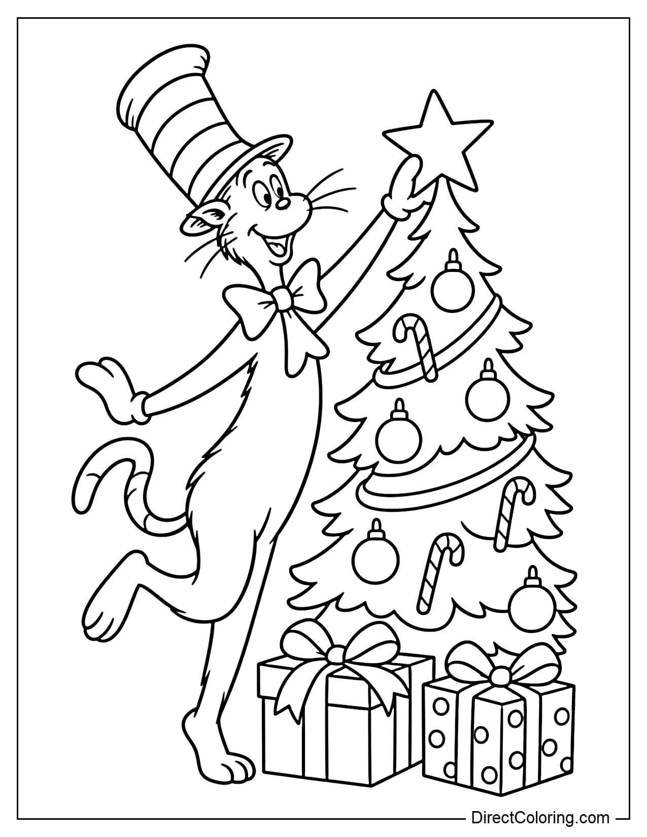 The Cat in the Hat stands beside a small Christmas tree, stretching up to place a large star on top, with two large presents beneath the tree.
