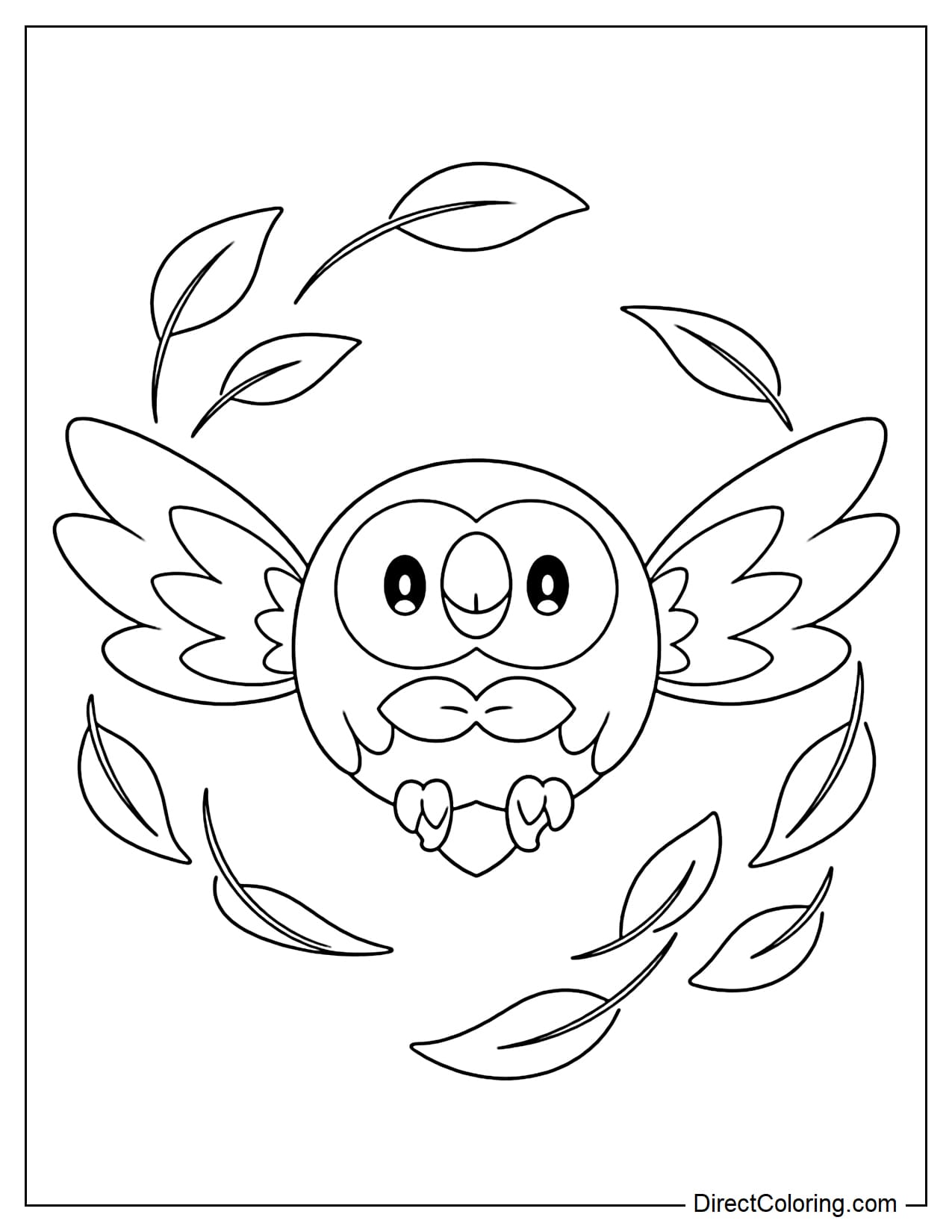 Rowlet is flying with its wings spread wide, its round body facing forward, surrounded by large leaves.