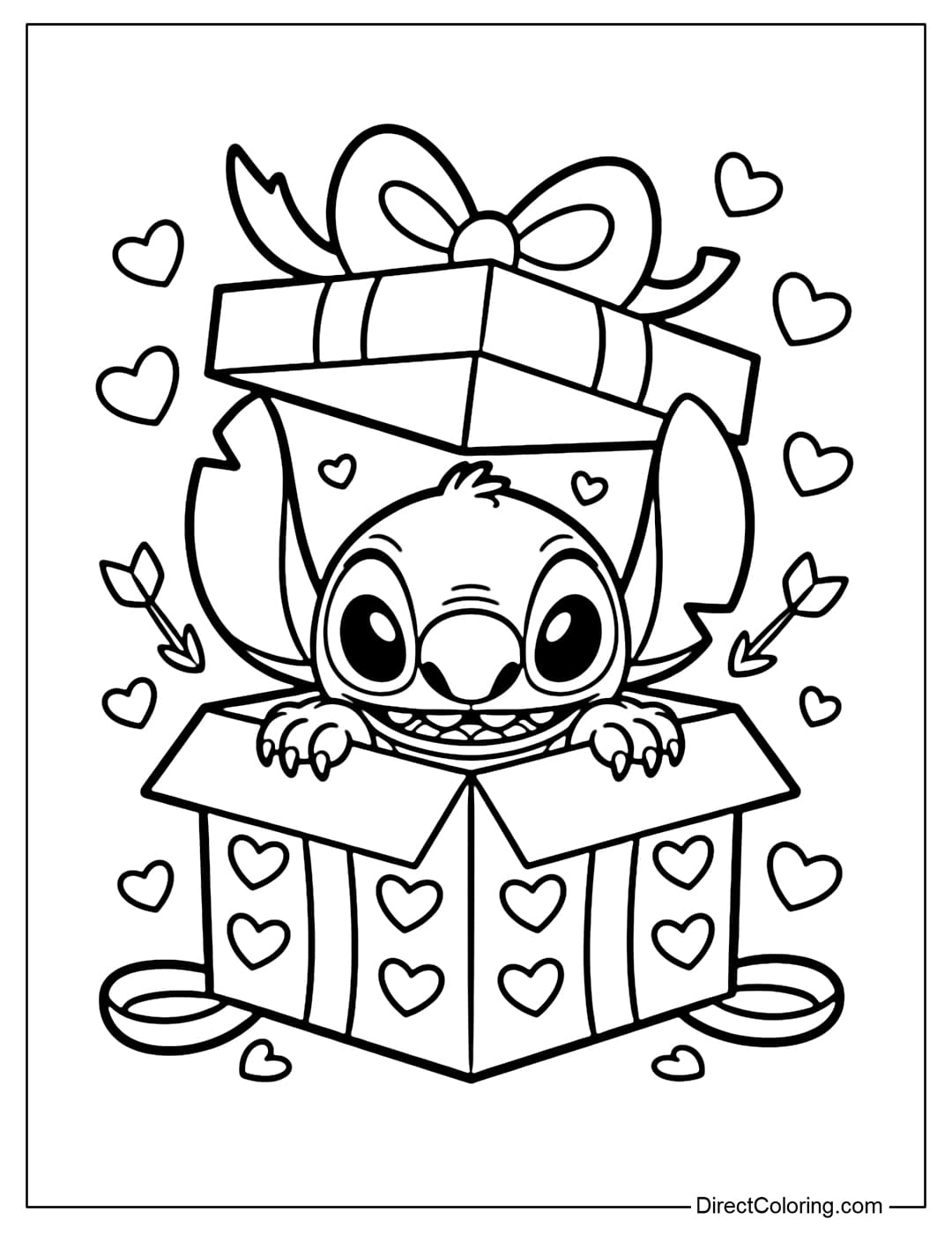 A coloring page of Stitch with a mischievous grin peeking his head out from an open gift box with a large bow.