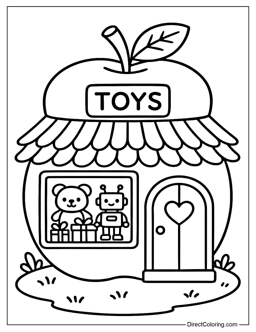 Apple Toy House Coloring Page A giant apple toy shop coloring page. Inside the glass door, you can see teddy bears, mini robots and some gift boxes.