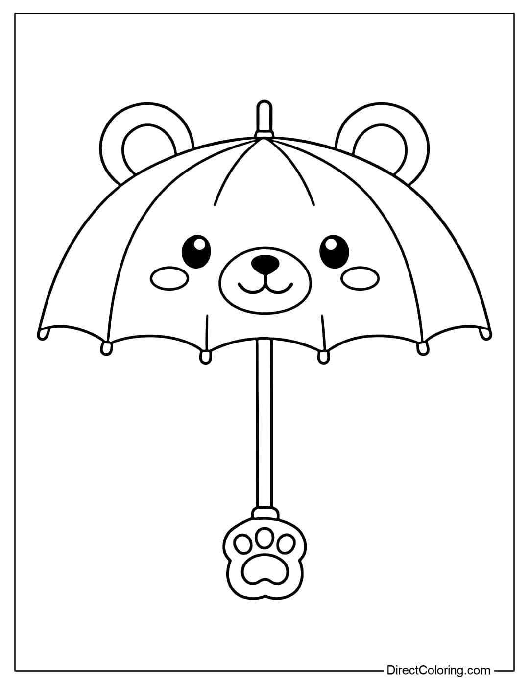 A coloring page featuring an umbrella with round bear ears on top and a bear face on the back, with a handle resembling a small bear paw.
