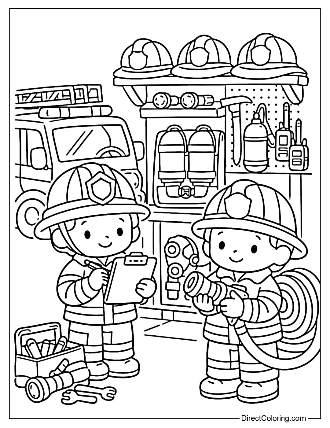 Coloring page of a firefighter checking equipment at the station.