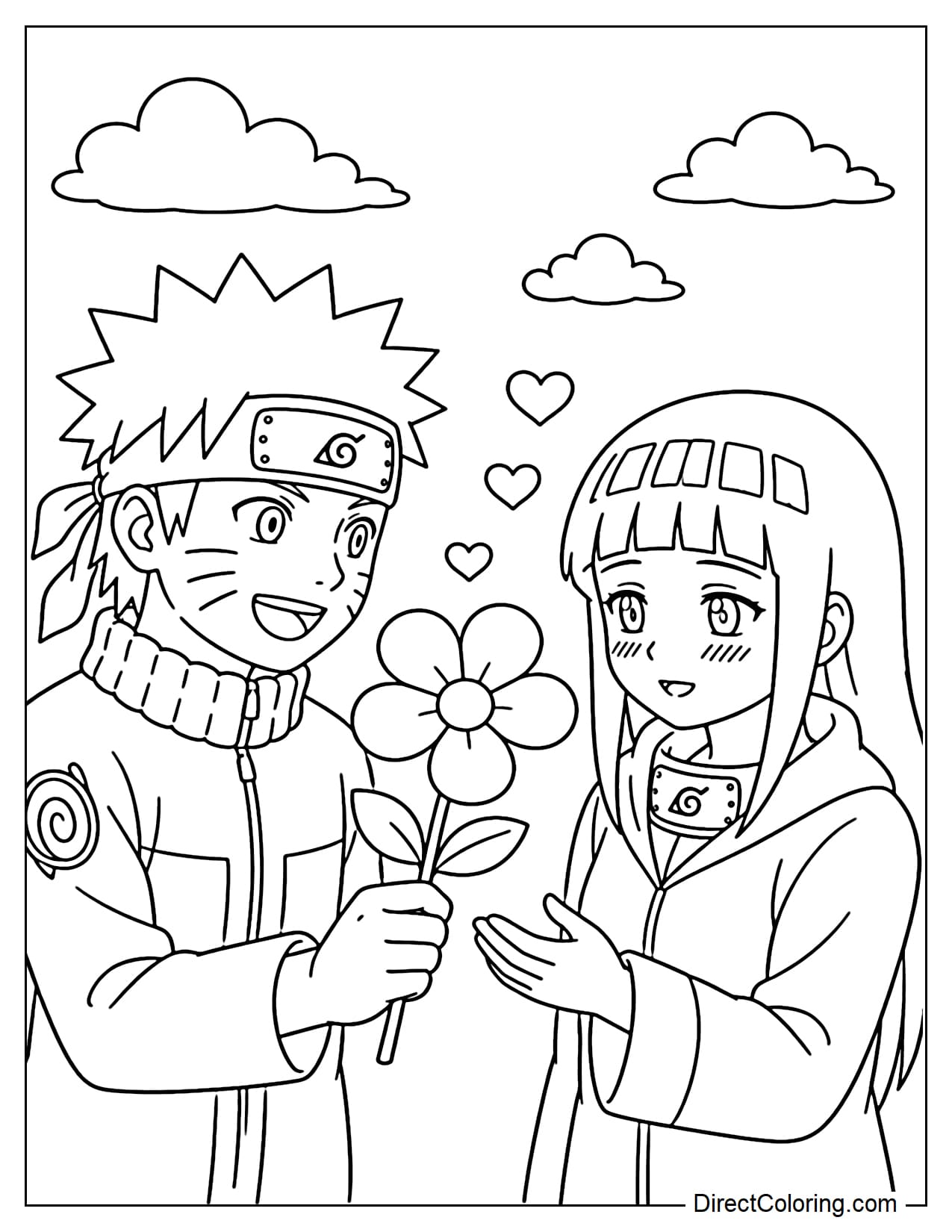 Naruto Uzumaki and Hinata Hyuga in their half-human forms, Naruto gives Hinata a large flower with a cheerful smile, Hinata accepts the flower with a cute, shy expression.
