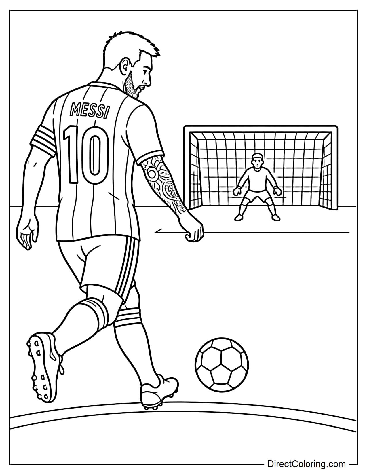 Lionel Messi stands in front of a stationary ball, preparing to take a free kick, with a simple goalpost and a small goalkeeper in the distance.