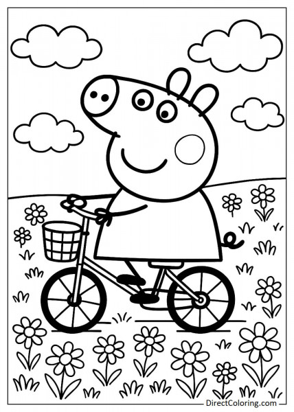 Peppa Pig riding a bike in the flower fields coloring page