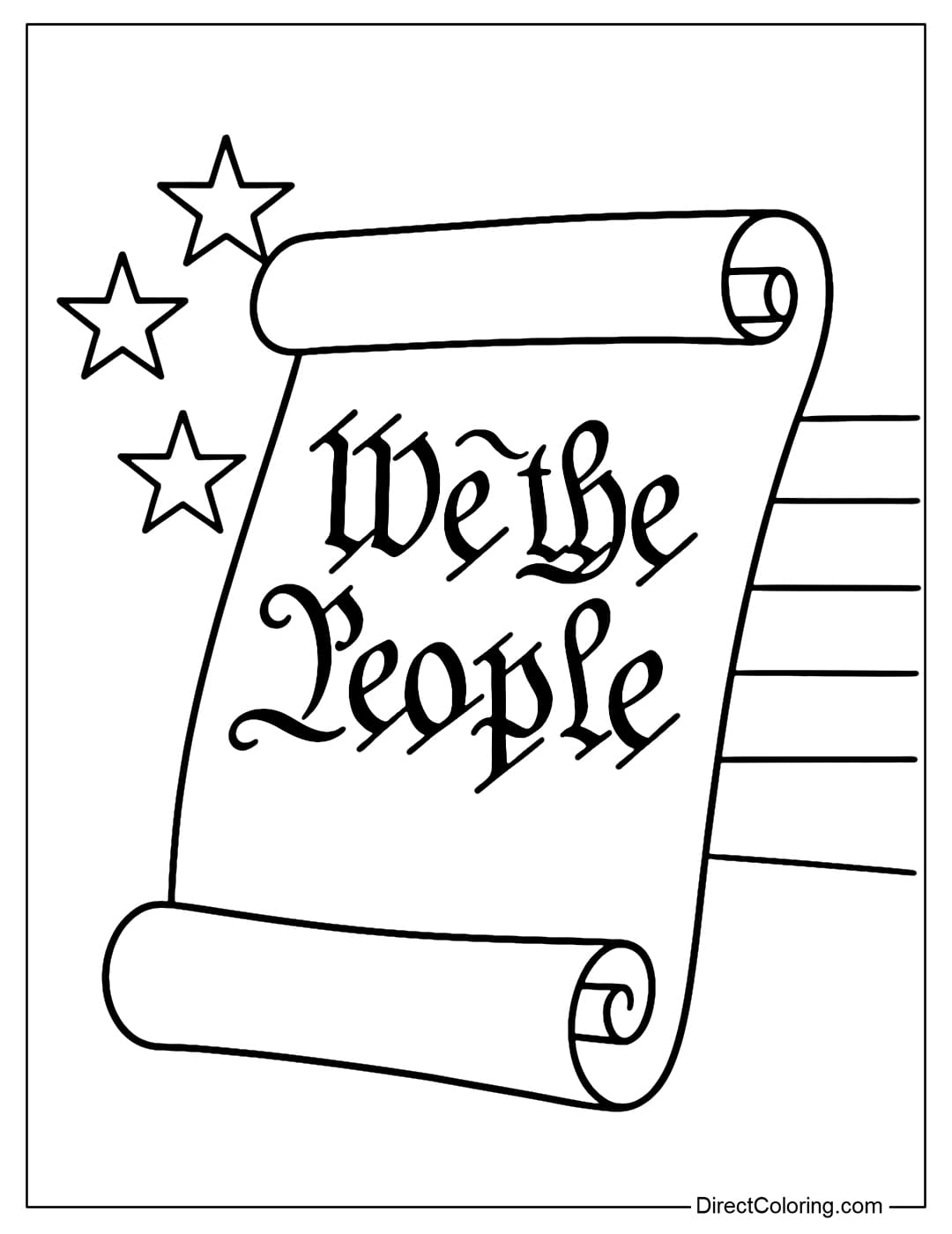 Coloring page of the US Constitution in an ancient scroll, with the words 