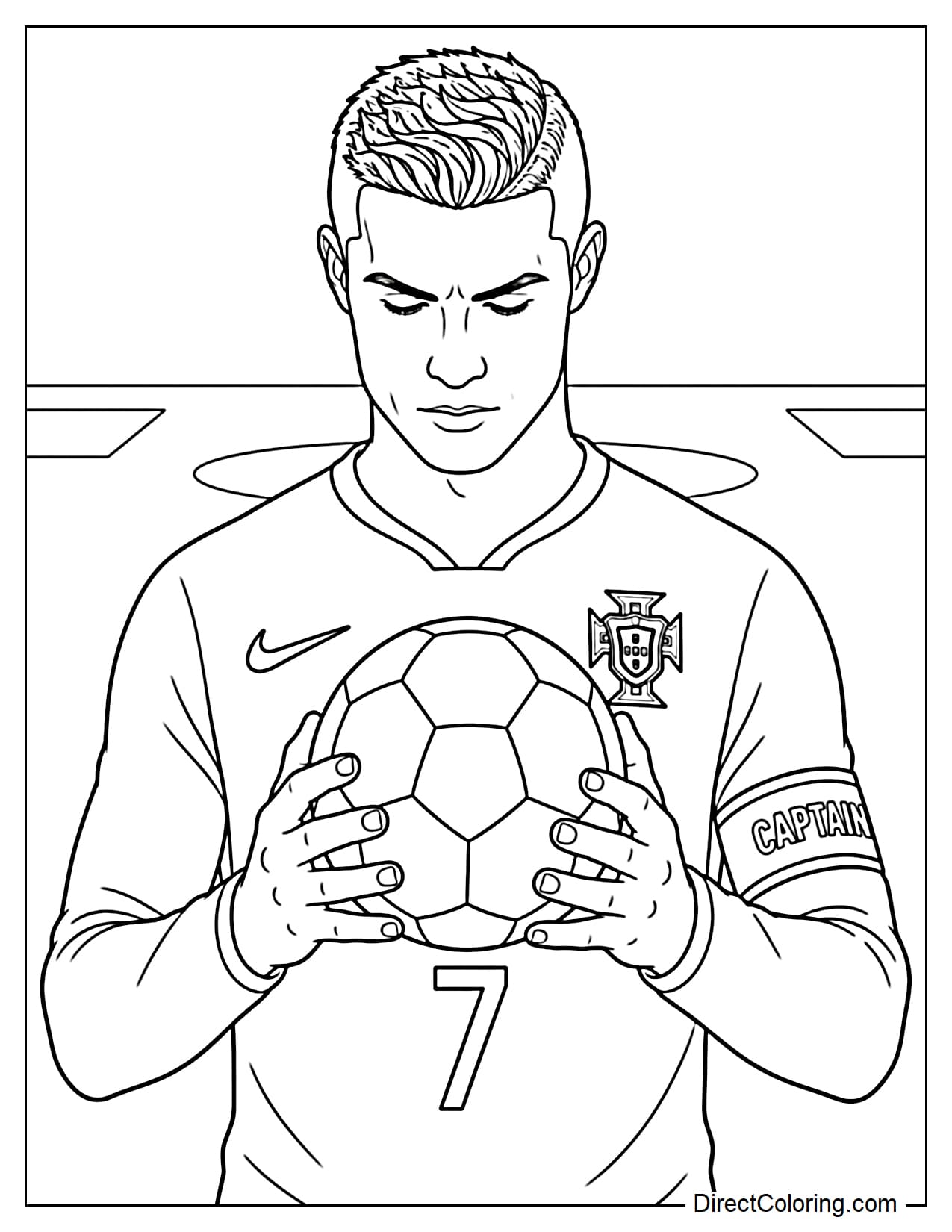 Cristiano Ronaldo is half-body, slightly bowing his head to look at the ball held close to his chest, his expression focused and determined.