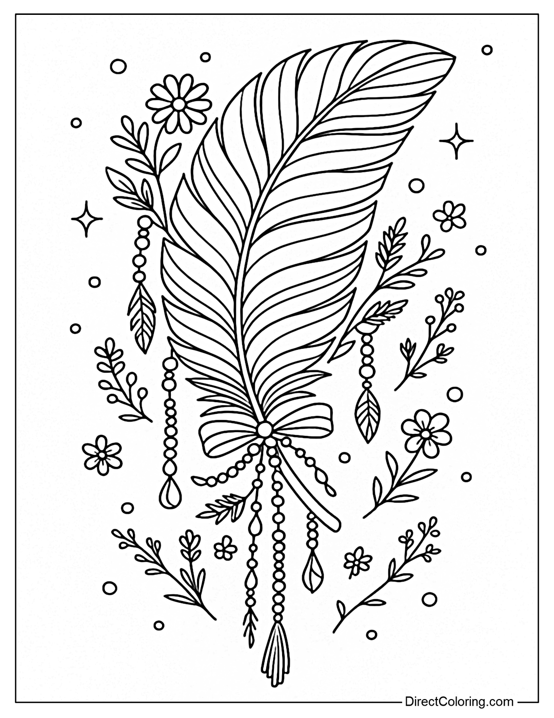 A feather coloring page in bohemian style: tassels, beads, wildflowers.