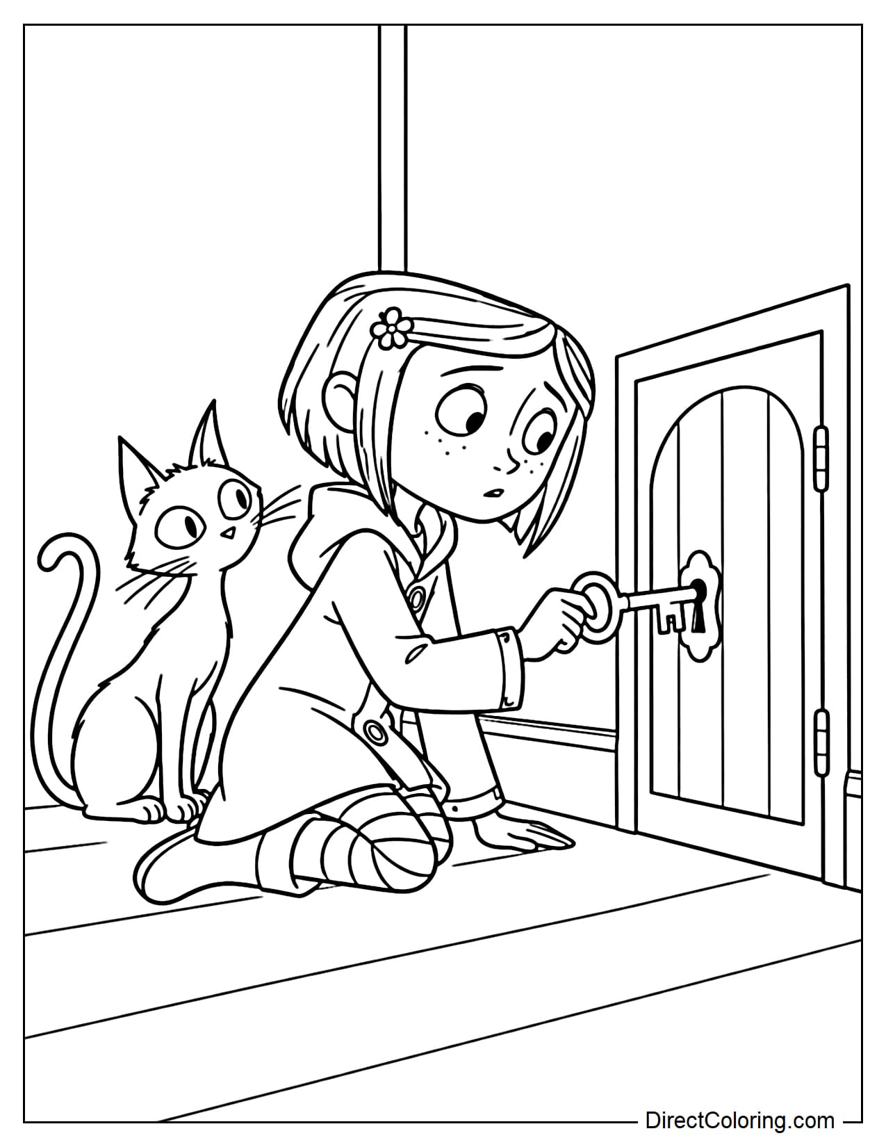 Coraline kneels in front of a tiny door in the wall, inserting a large key into the lock with one hand while supporting herself on the floor with the other, as the cat sits beside her and watches curiously.