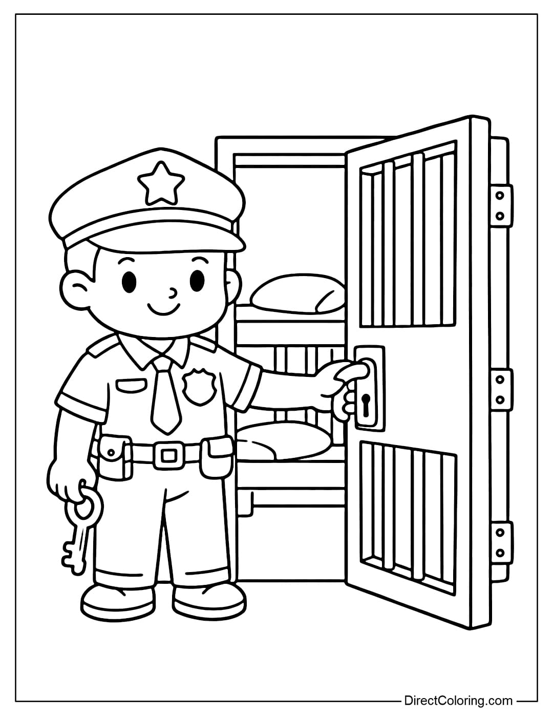 Coloring page of a police officer opening a jail door, a simple scene.