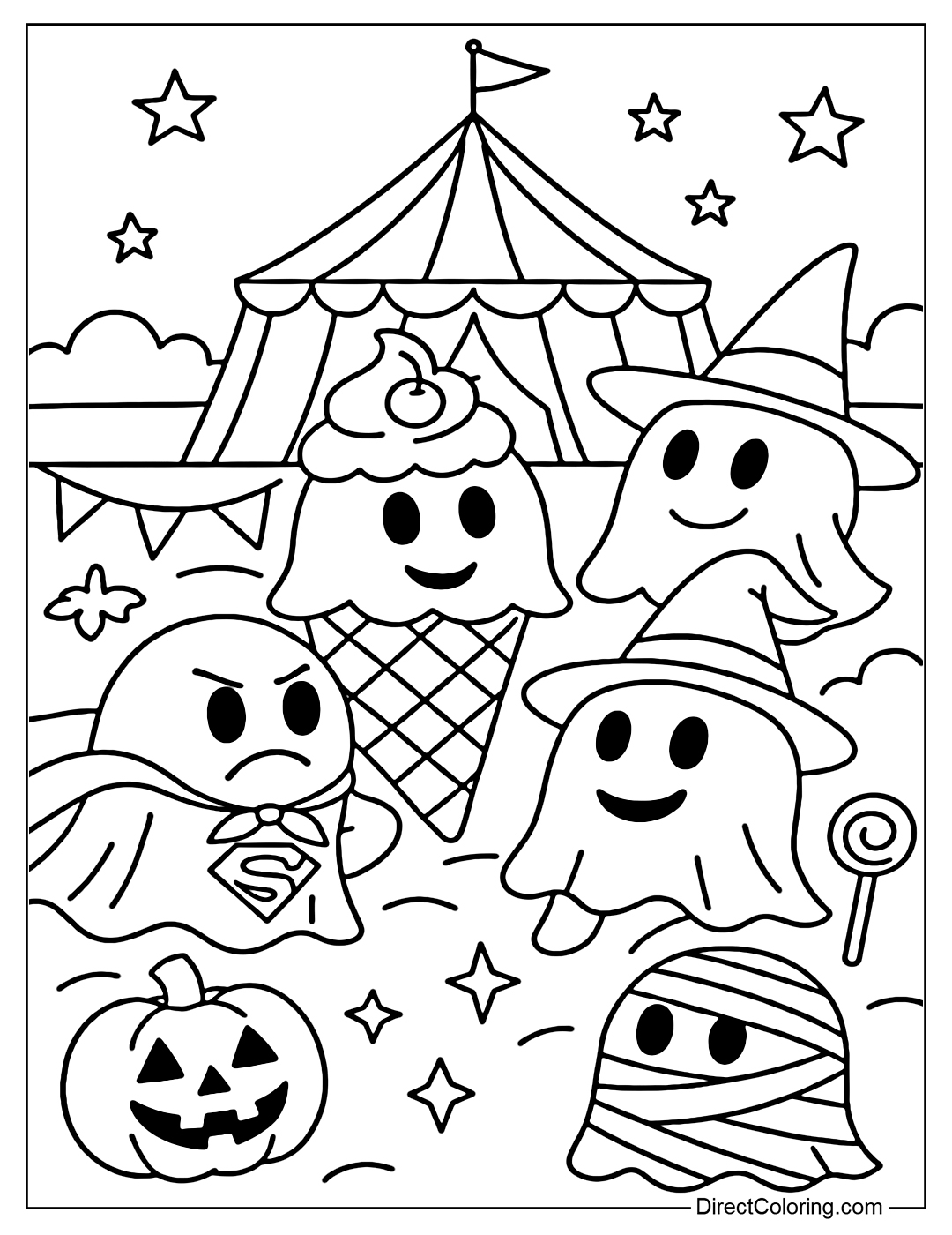 Coloring page of a strange costume party of ghosts: some ghosts are wearing superhero costumes, some are dressed as ice cream, background is a circus scene.