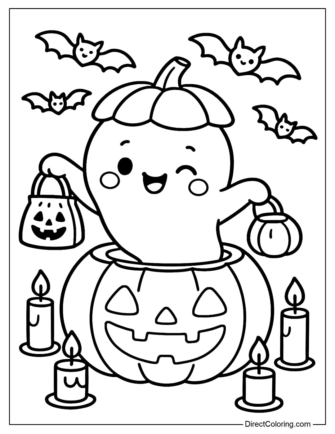 A little ghost coming out of a pumpkin, holding a bag of candy, surrounded by candles and bats.