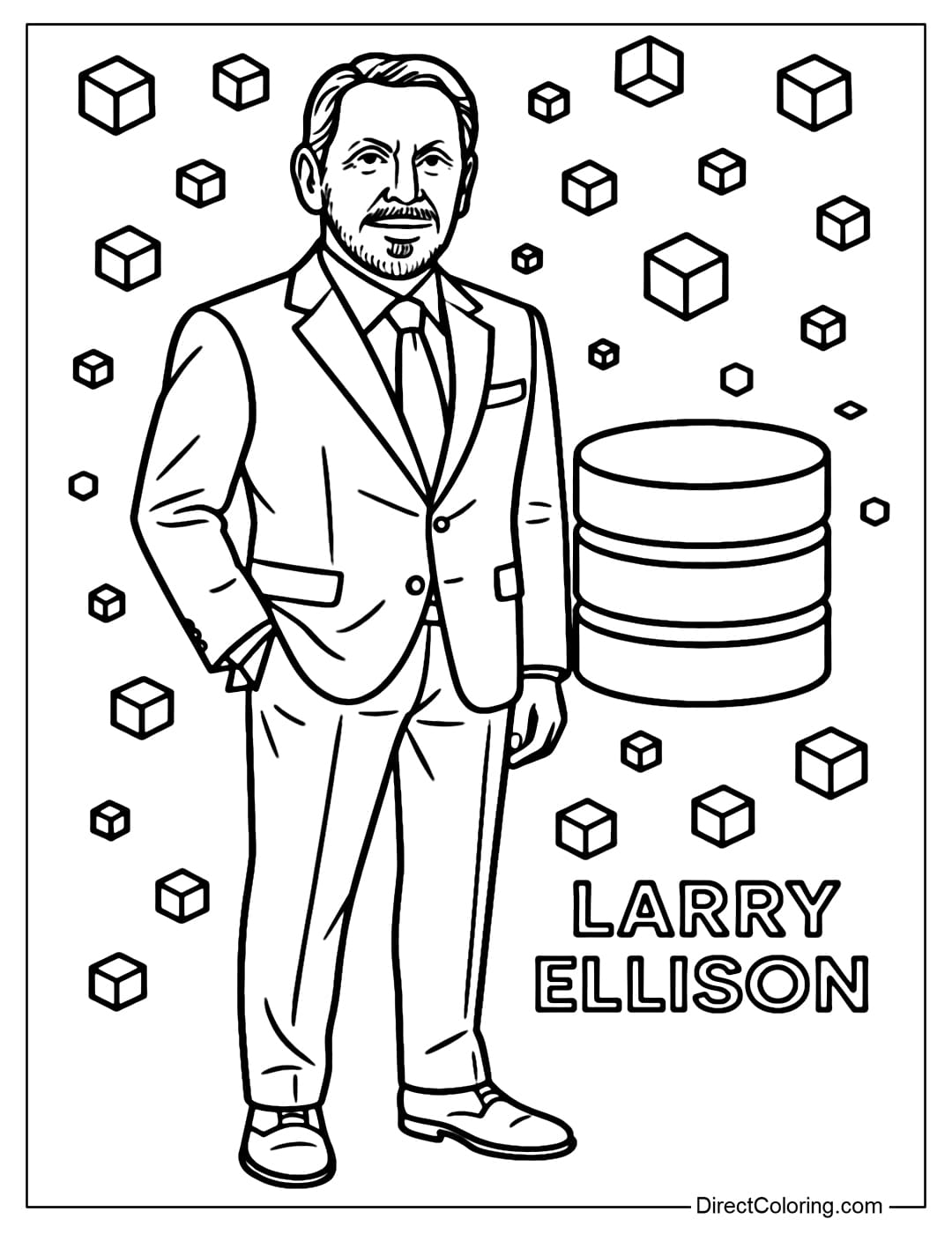Larry Ellison Beside the Tower of Data Coloring Page Larry Ellison Coloring Page in a fancy suit, standing next to a database icon with cascading data blocks.