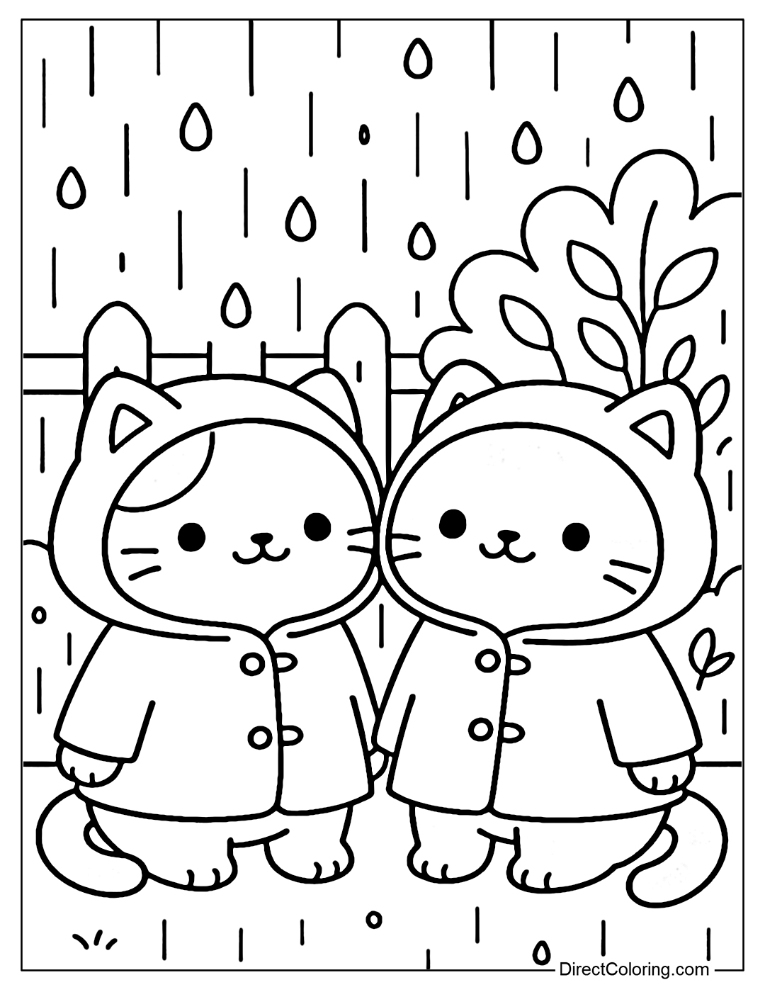 Coloring page of two cats sitting close together wearing raincoats, background with wooden fence and bushes, raindrops.