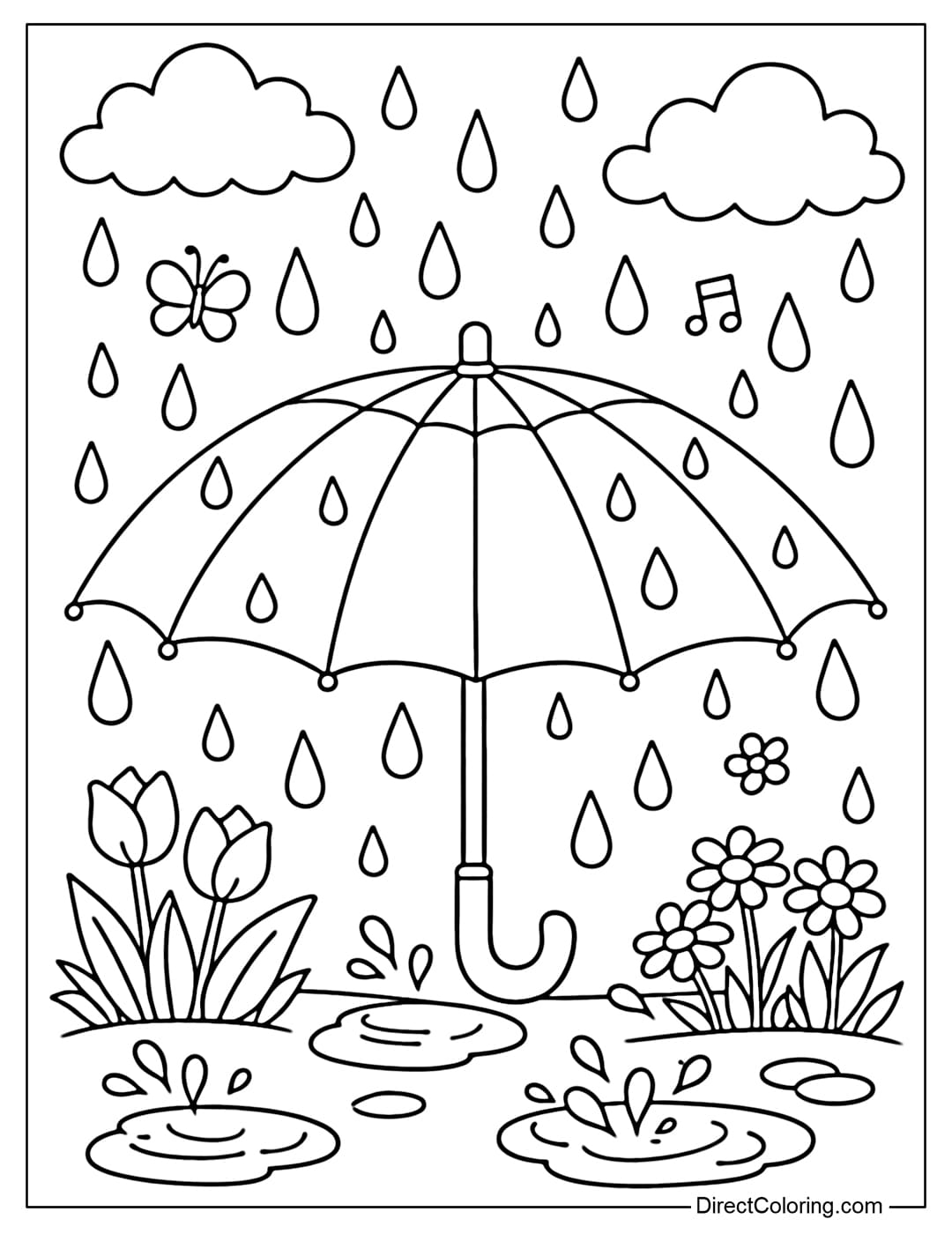 A coloring page of a large umbrella open in the spring rain.