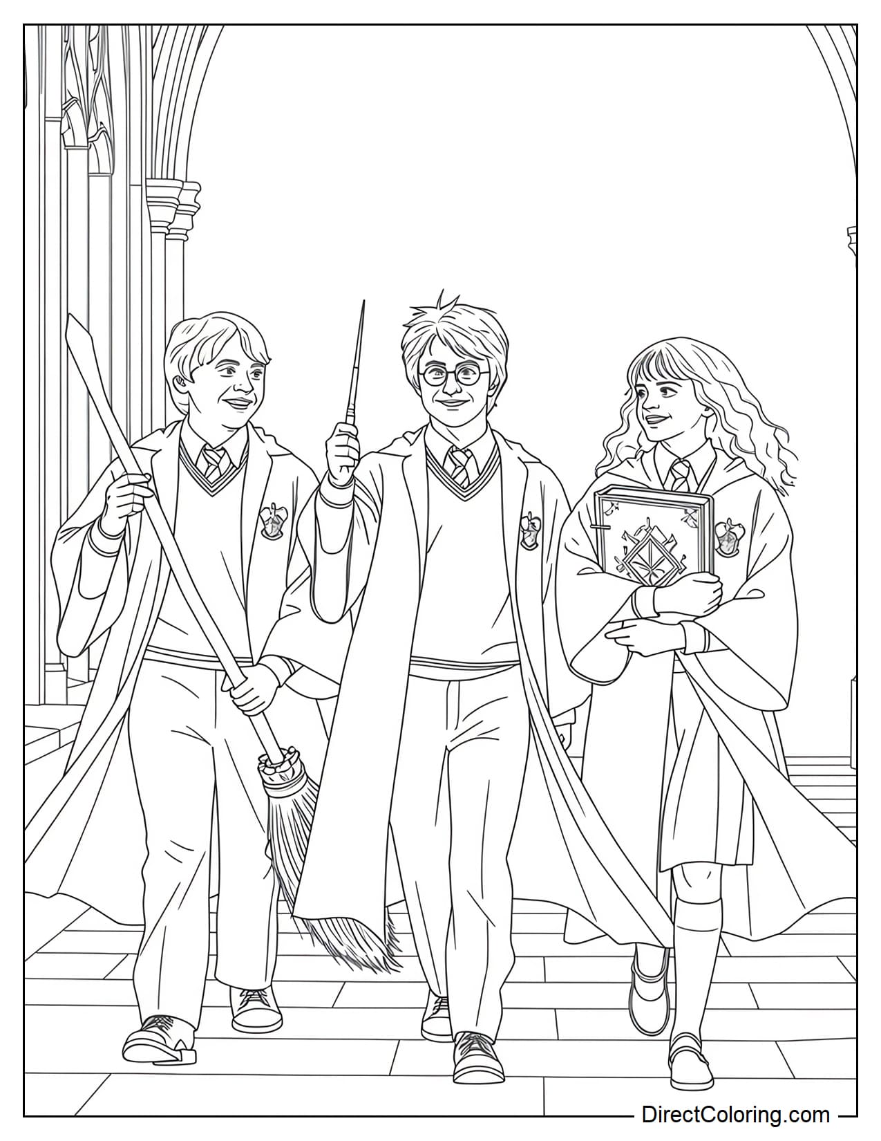 Harry Potter, Hermione Granger, and Ron Weasley are happily walking together in their Hogwarts outfits, with Harry holding a wand, Hermione carrying a spellbook, and Ron holding a broomstick.