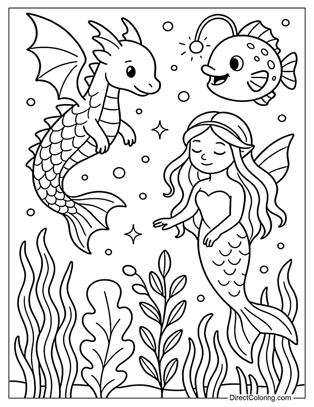 Fantasy creature coloring page: arowana, glowing fish, water fairies.
