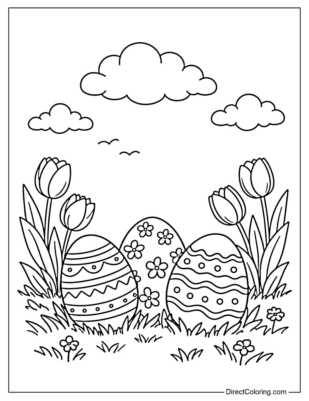 A coloring page of three Easter eggs placed on a lawn with tulips and round clouds in the sky.