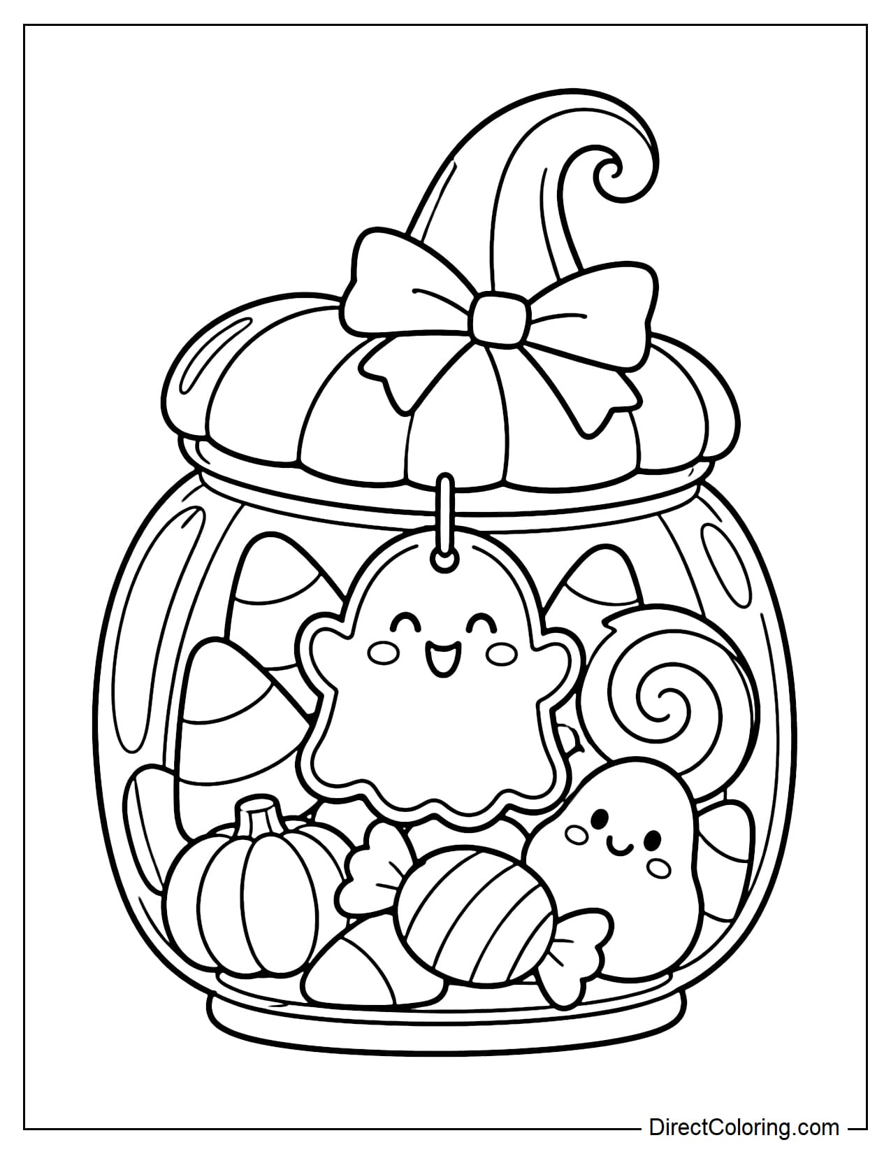 A large pumpkin-shaped Halloween candy jar with a stem-like lid. The clear jar reveals candy corn, twisted candies, and marshmallow ghosts inside, with a large ghost charm attached to the lid.