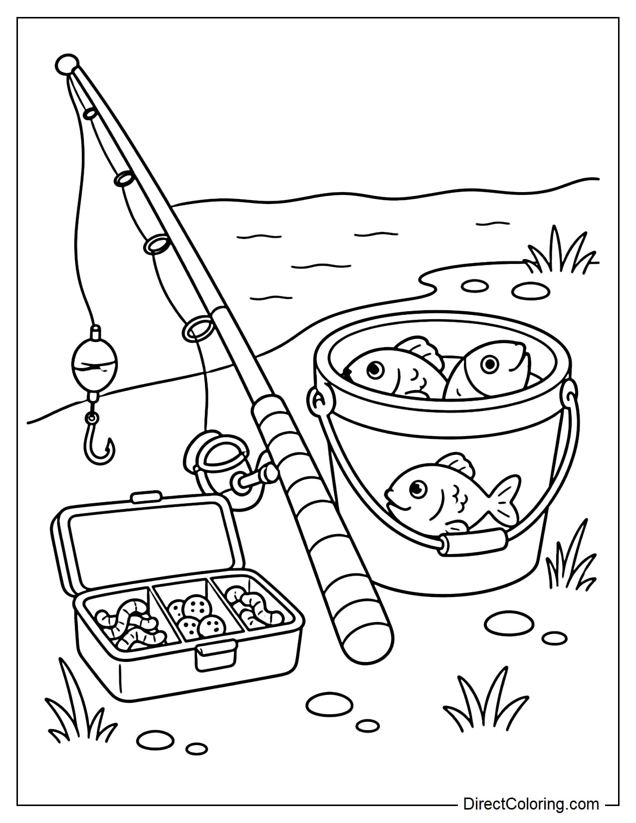 A close-up of fishing gear including rods, fish buckets, and bait boxes neatly arranged on the lake shore.