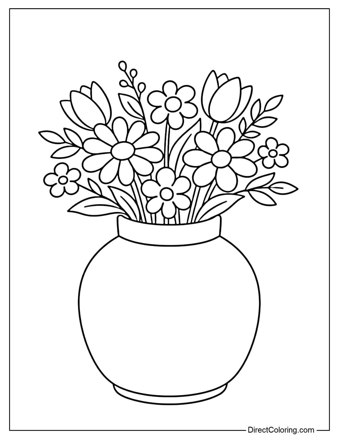 A coloring page of a simple bouquet of flowers in a round vase. The vase is a large, easy-to-color block, with the flowers spread out on top and minimal detail.