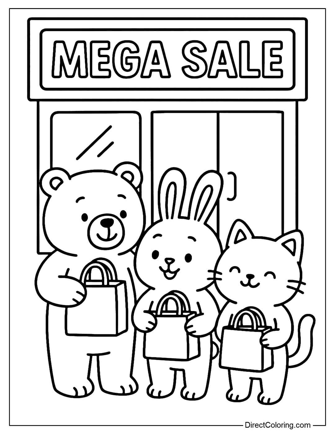 A coloring page of a group of cute animals (bears, rabbits, cats) lining up in front of a Mega Sale store, all holding gift bags.