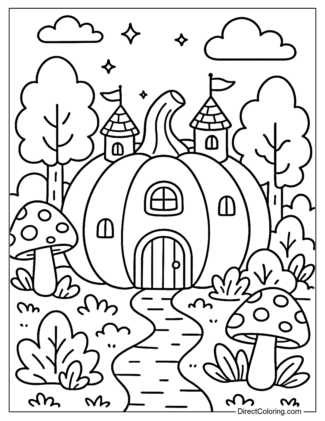 A giant pumpkin castle coloring page in the middle of a fantasy forest.