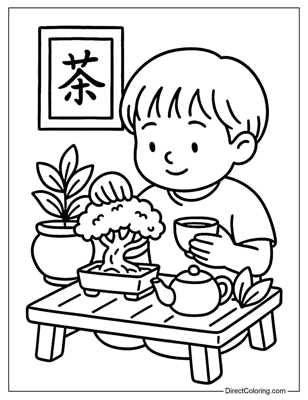 A coloring page of a child tending a small bonsai tree and drinking tea on a low wooden table with calligraphy and a potted plant next to it.