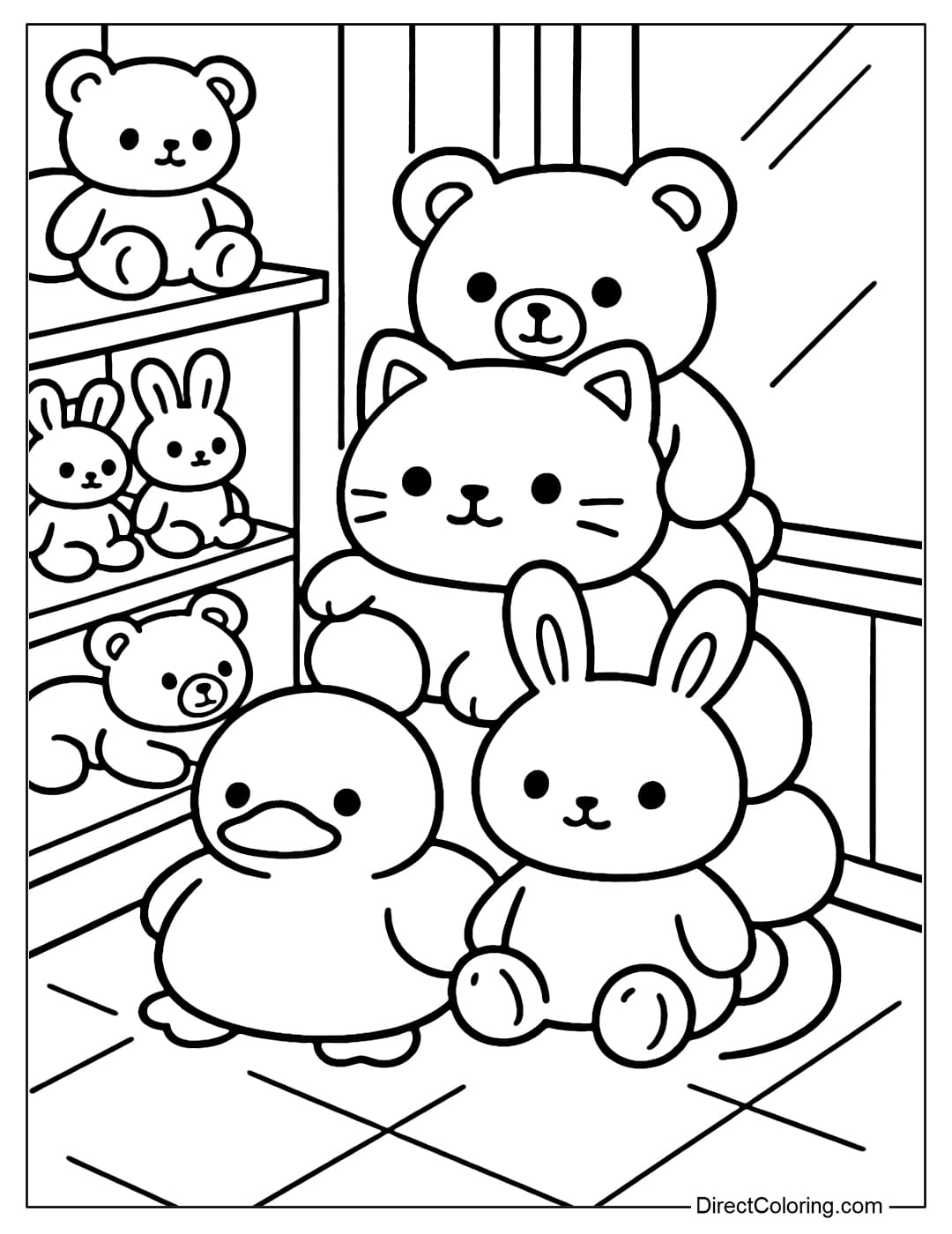Plush Toy Corner Coloring Page Coloring page of a corner store full of stuffed animals: bears, cats, rabbits, ducks, stacked in soft, cute piles.