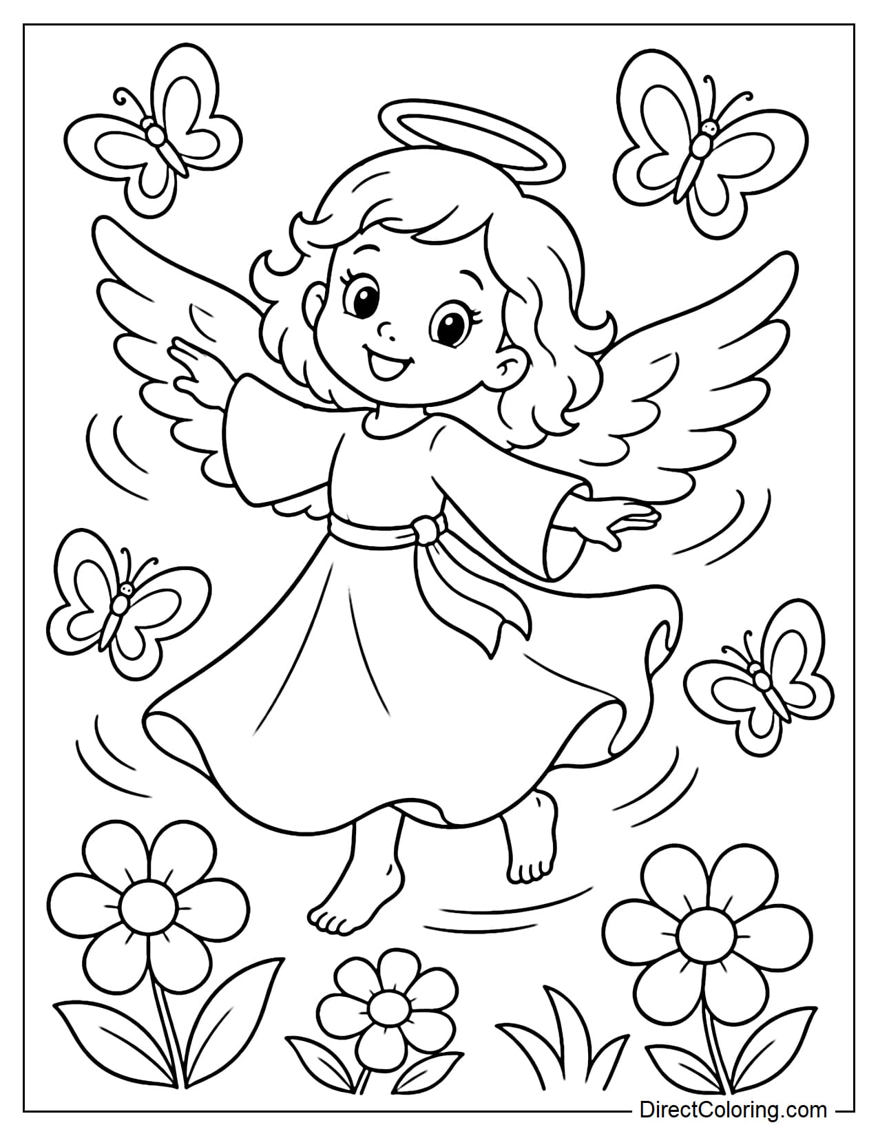 A little angel twirls gracefully amidst large butterflies, with large flowers visible below.