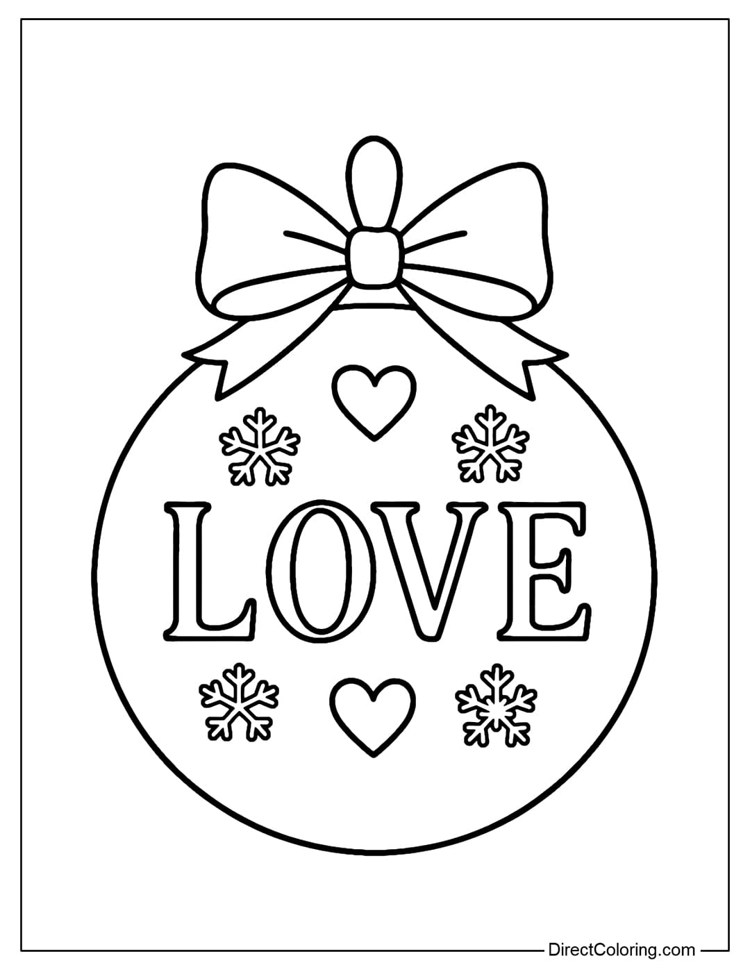A bauble coloring page with the word LOVE with a bow, heart patterns, and snowflakes around it.