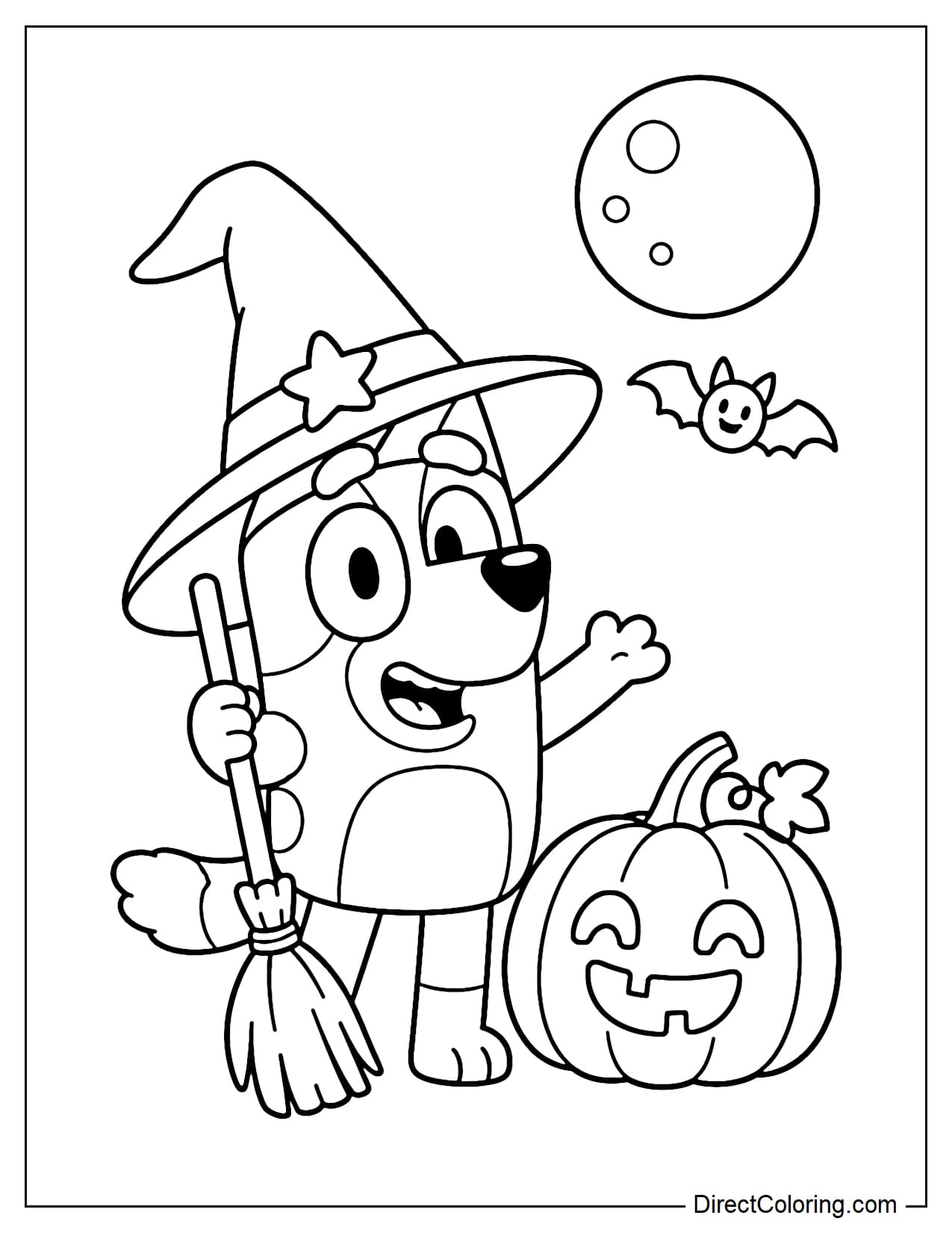 Bluey wearing a large witch hat and happily holding a small broom while standing beside a friendly-faced Halloween pumpkin.