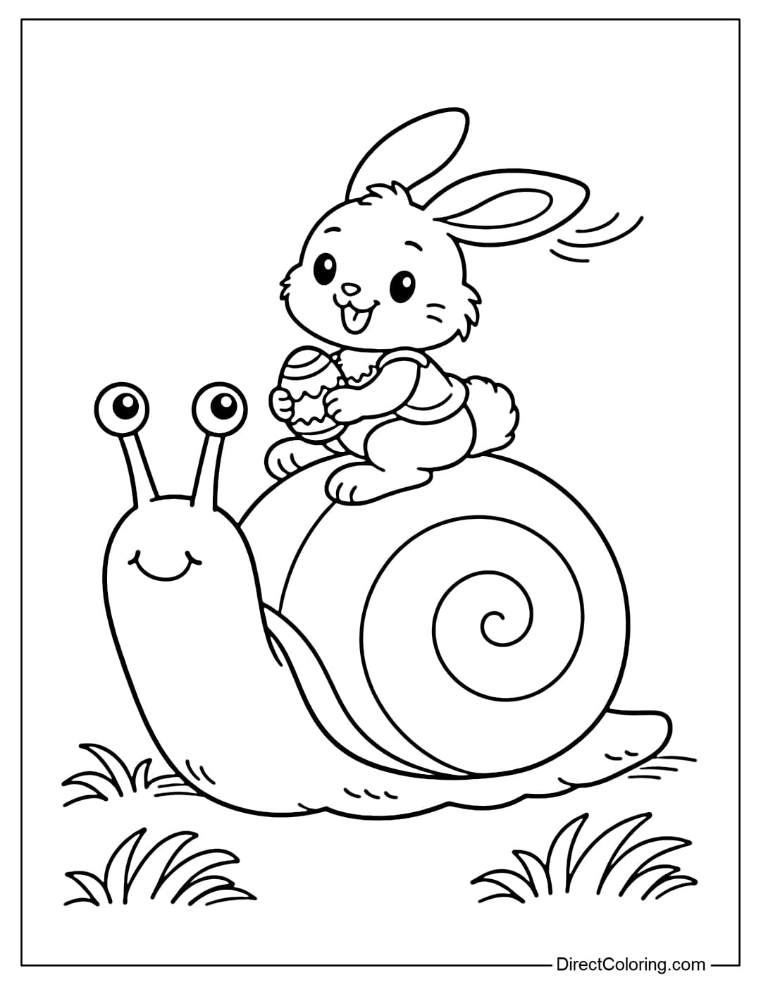 An Easter bunny coloring page with a bunny sitting on the back of a large snail, with some soft, curved blades of grass below.