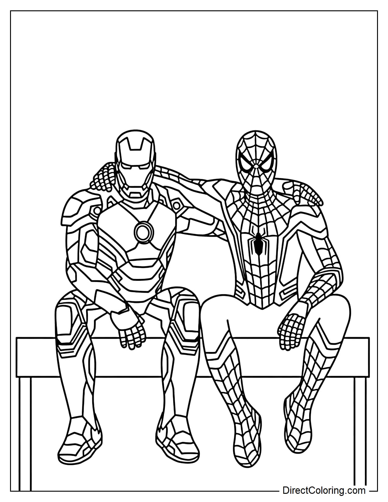 Iron Man and Spider-Man are sitting next to each other on a simple platform.
