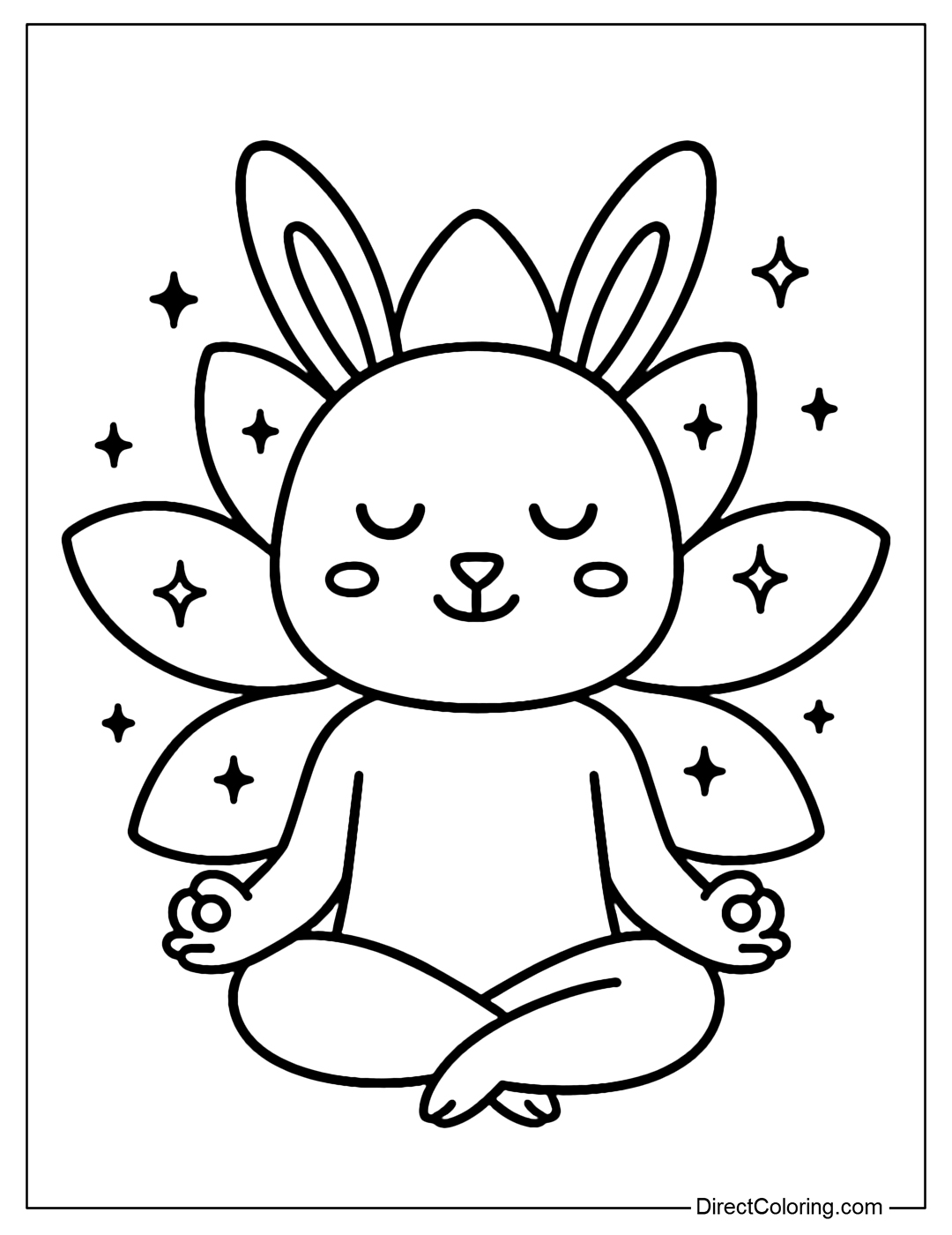 Coloring page of a small character meditating, from the body emitting a stream of light in the shape of petals and stars.