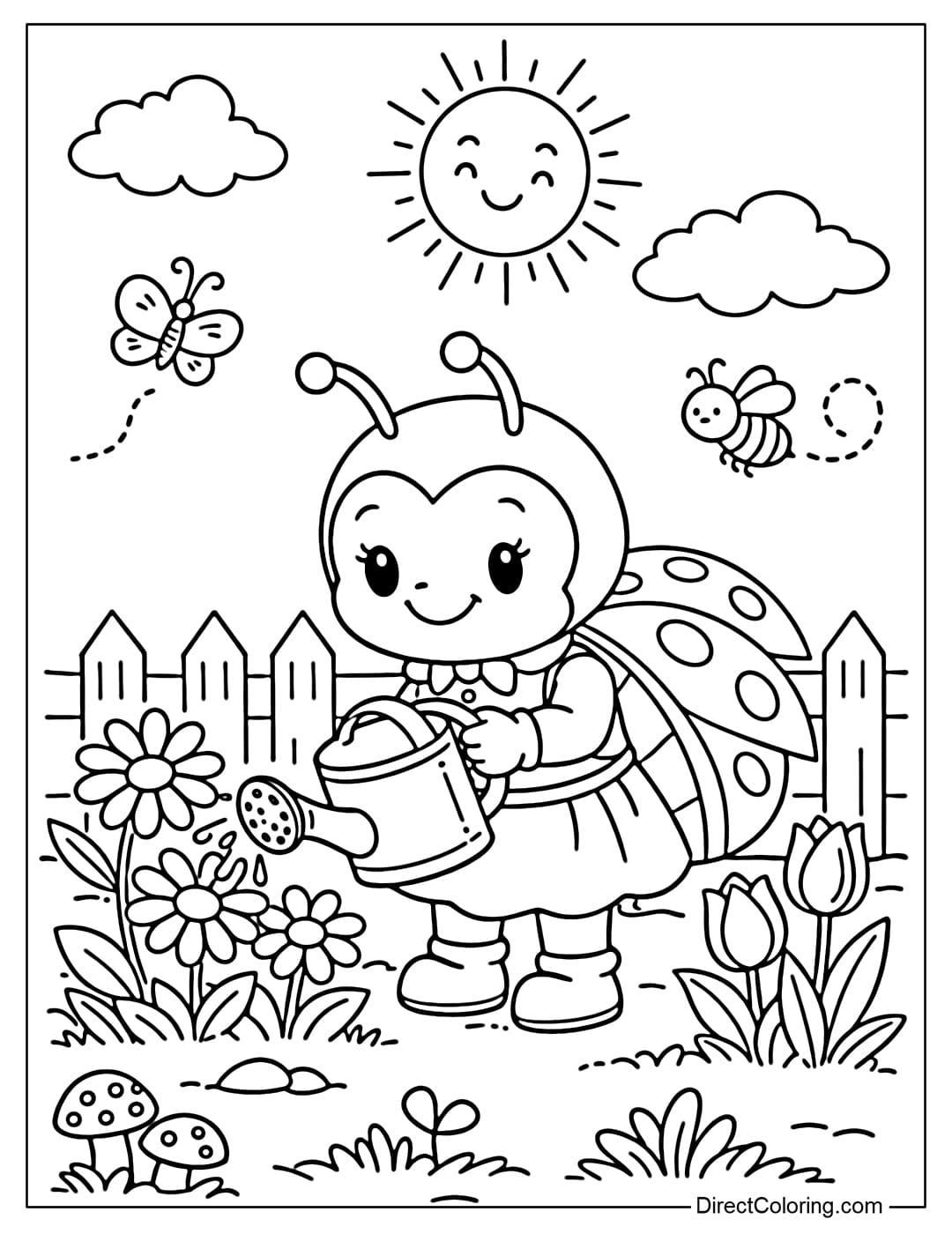 A coloring page of a ladybug holding a watering can, tending to flowers in a small garden.