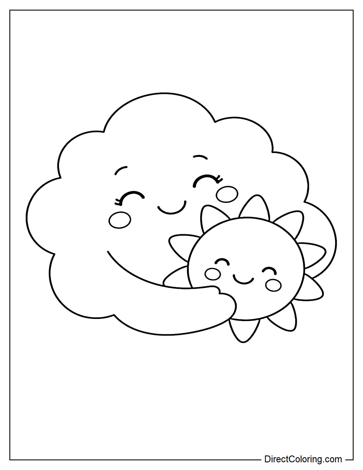 A soft, round cloud with a smiling face is holding a small sun next to it.