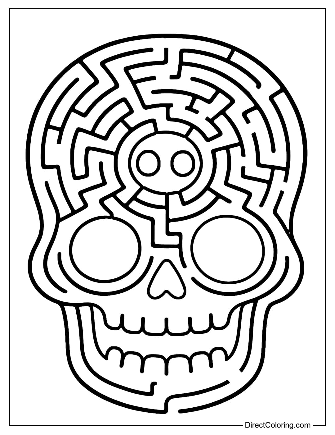 A maze coloring page is in the shape of a Halloween skull. The entrance is at the chin of the skull, the path curves around the cheekbones, the destination is the glowing eyes in the center.