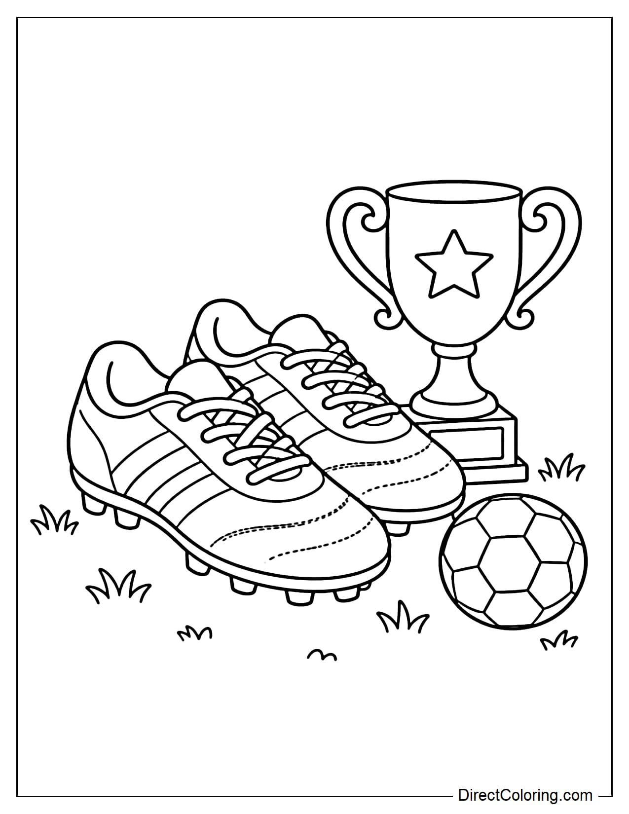 A pair of low-cut soccer cleats placed beside a small trophy and a miniature soccer ball.