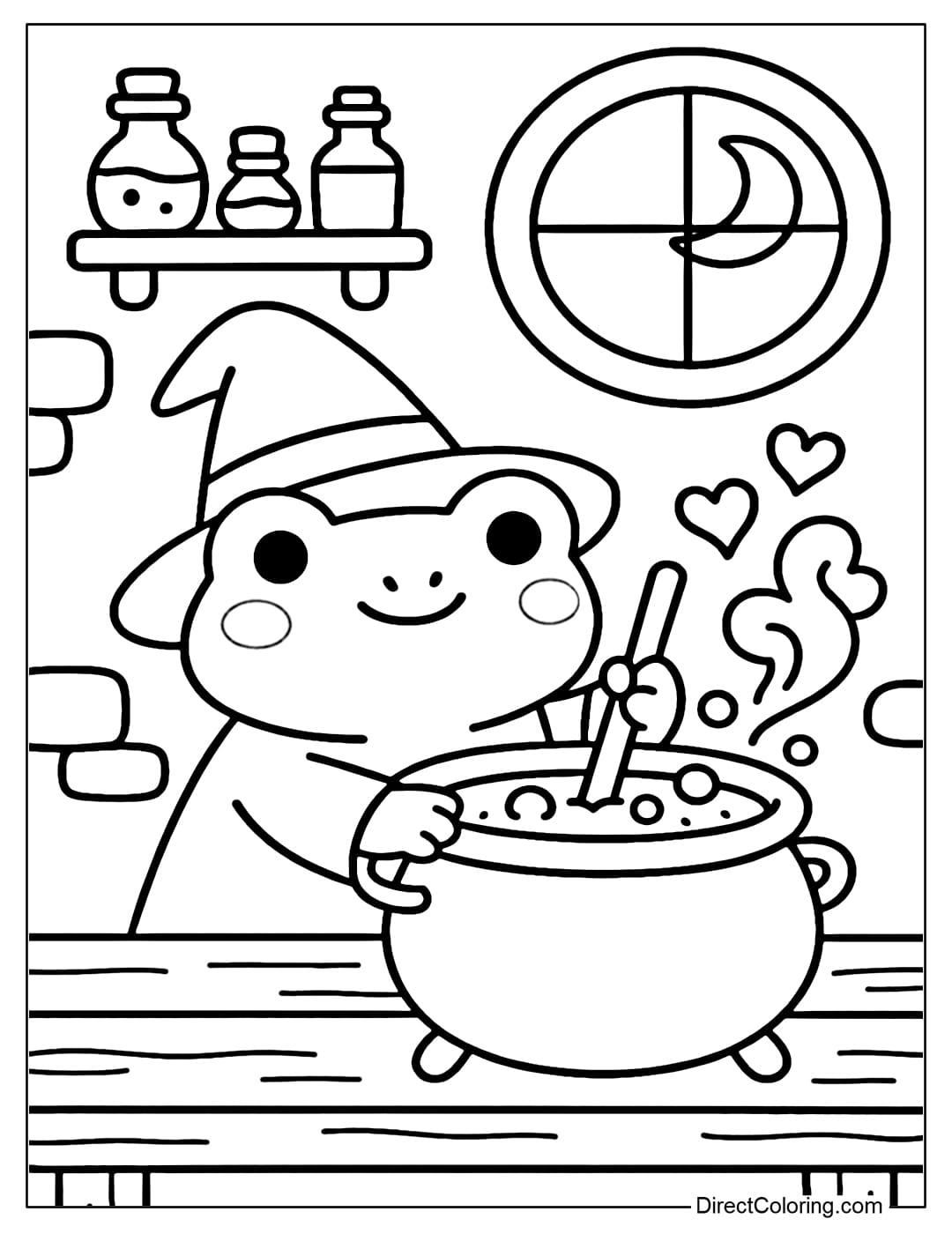 A coloring page of a witch frog stirring a bubbling potion on a wooden table. On the wall hangs a shelf of potions, a few drops of smoke forming a heart shape.