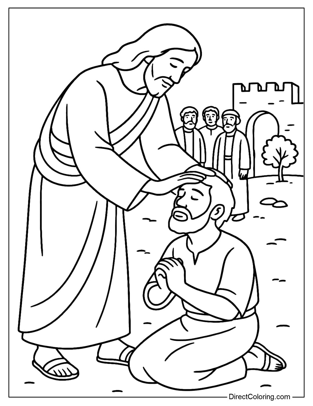 Jesus bending down slightly, laying his hands on a man to heal.