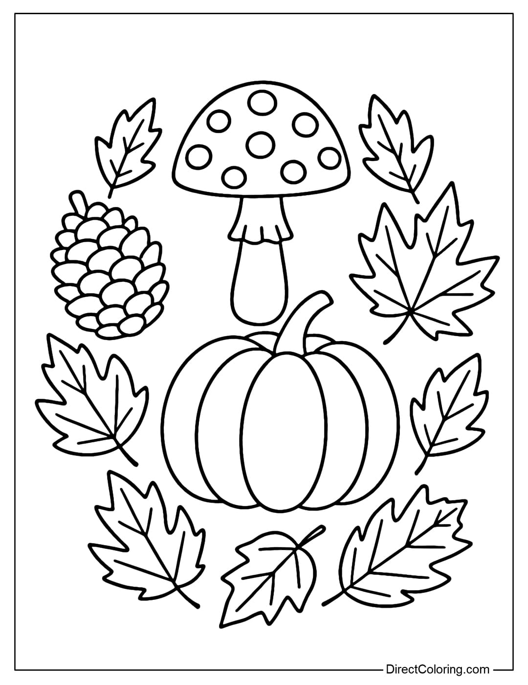 Harvest Symbols Coloring Page Coloring page of autumn combo: pumpkin, pine cone, mushroom, yellow leaves, forming a decorative circle.