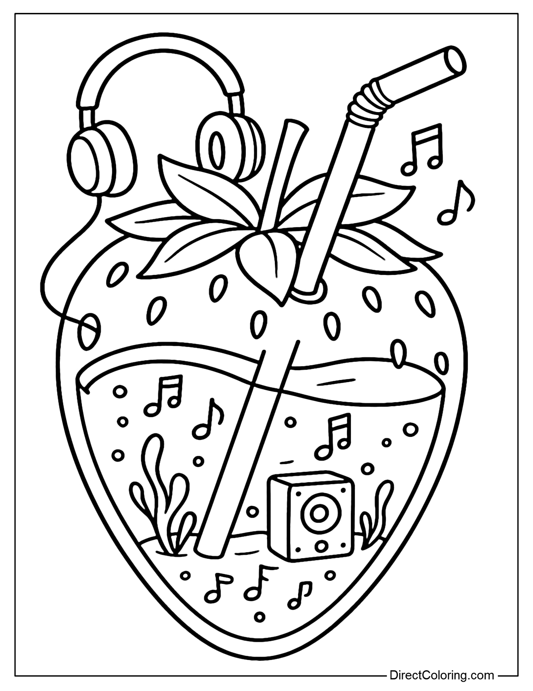 Strawberry Coloring Page contains musical notes, mini speaker playing music. Straw has headphones.