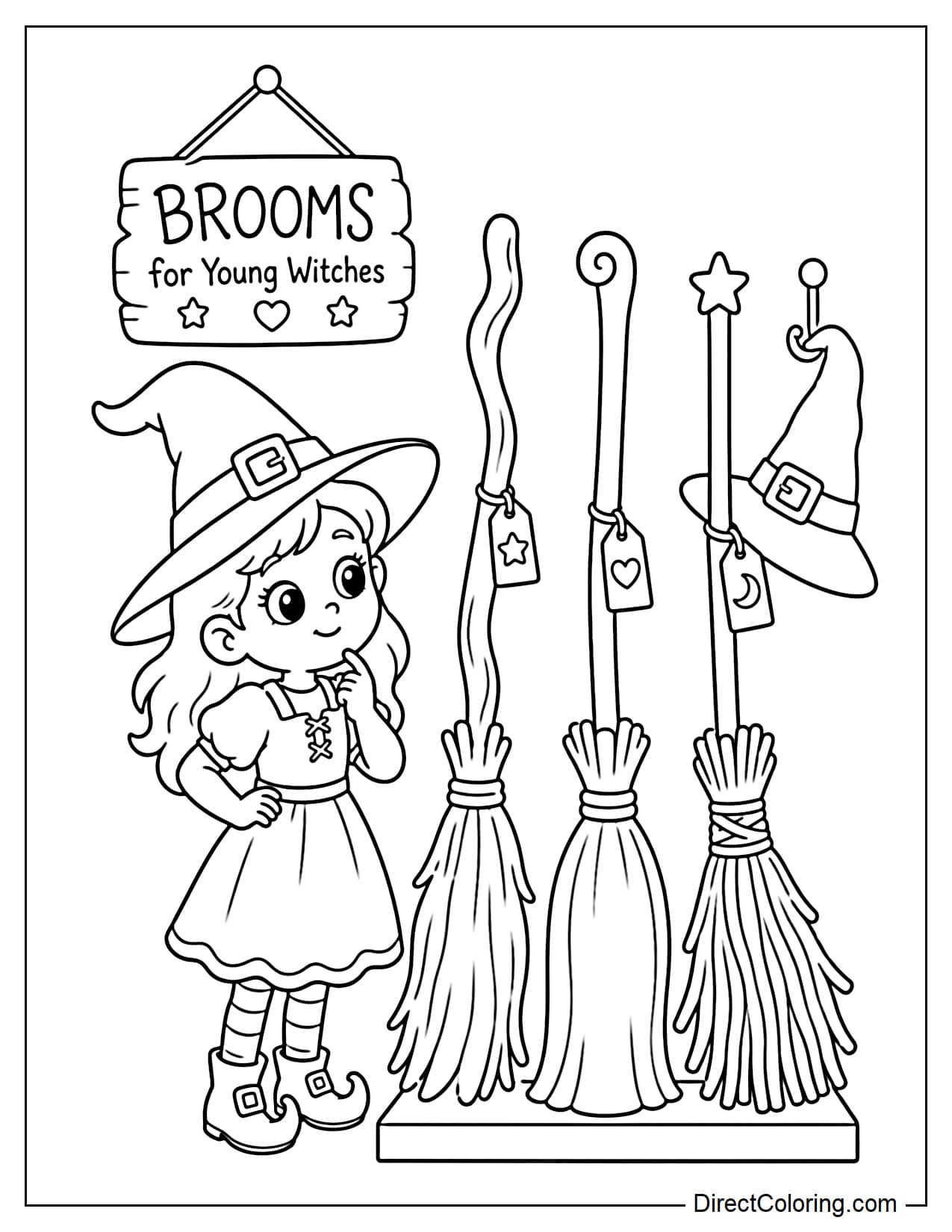 A young witch is choosing her very first broom in a simple shop corner, with three large brooms in different styles beside her and a witch hat hanging on the wall.