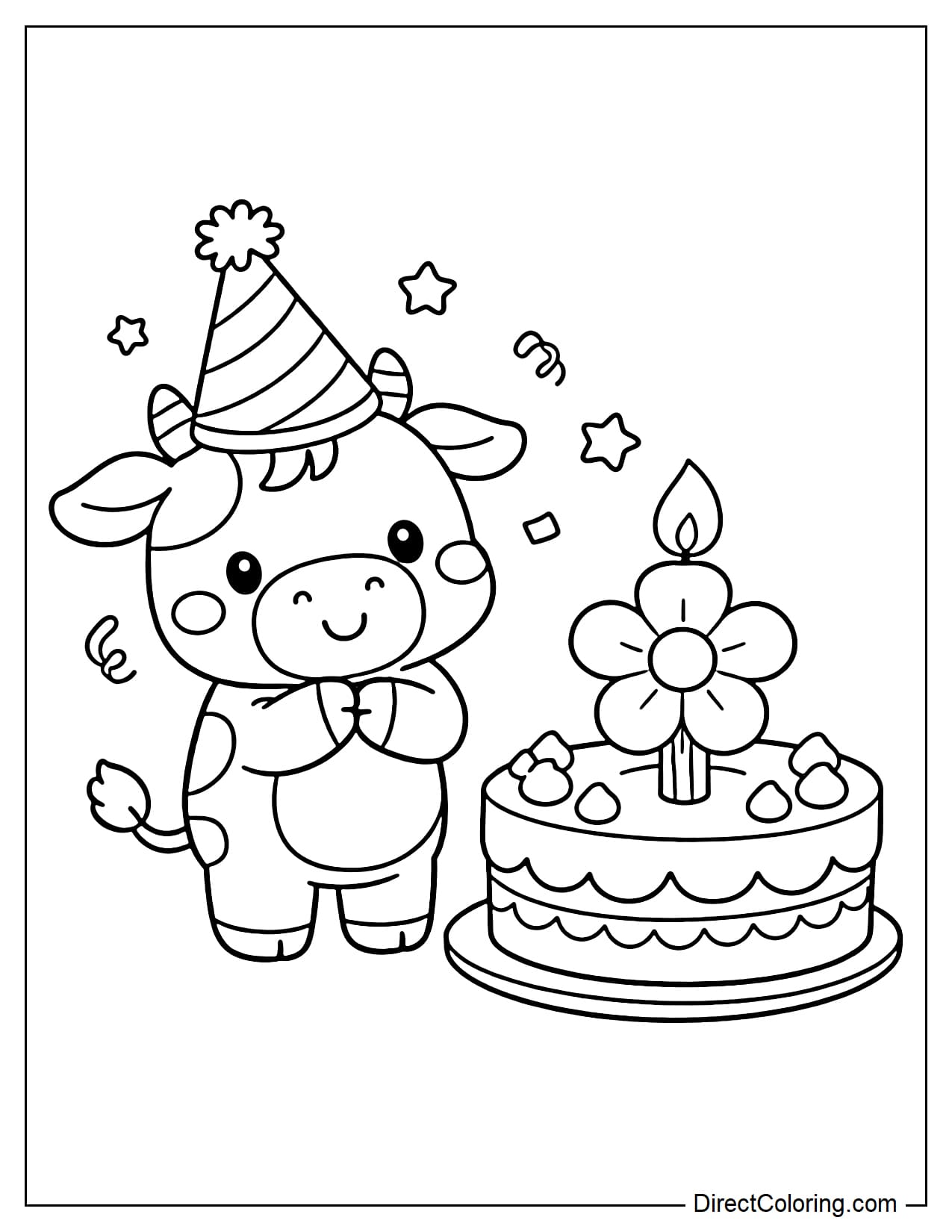 A cow wearing a birthday hat and standing next to a cake with a large flower candle.
