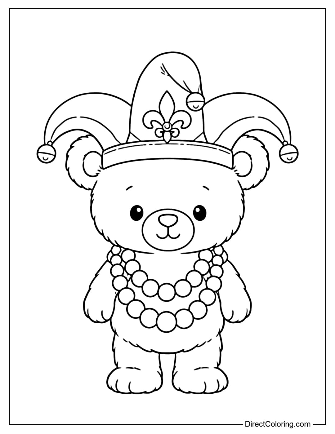 Coloring page of a small teddy bear wearing two large bead necklaces and a Mardi Gras hat.
